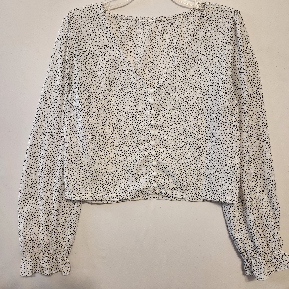 White & Black Polka Dotted Button Front Vneck Long Sleeve Blouse